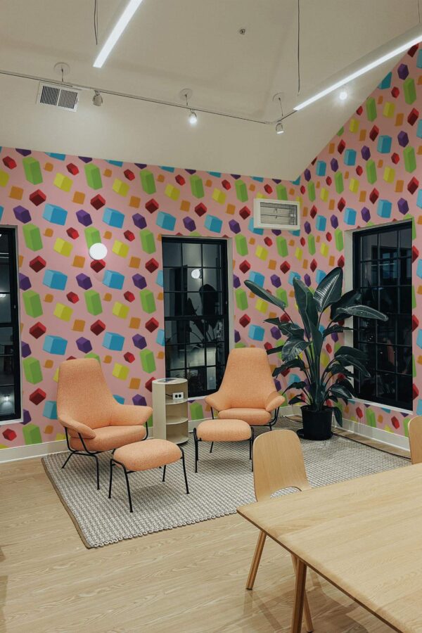 Minimal style living room decorated with Dimensional shapes peel and stick wallpaper and mid-century style chairs