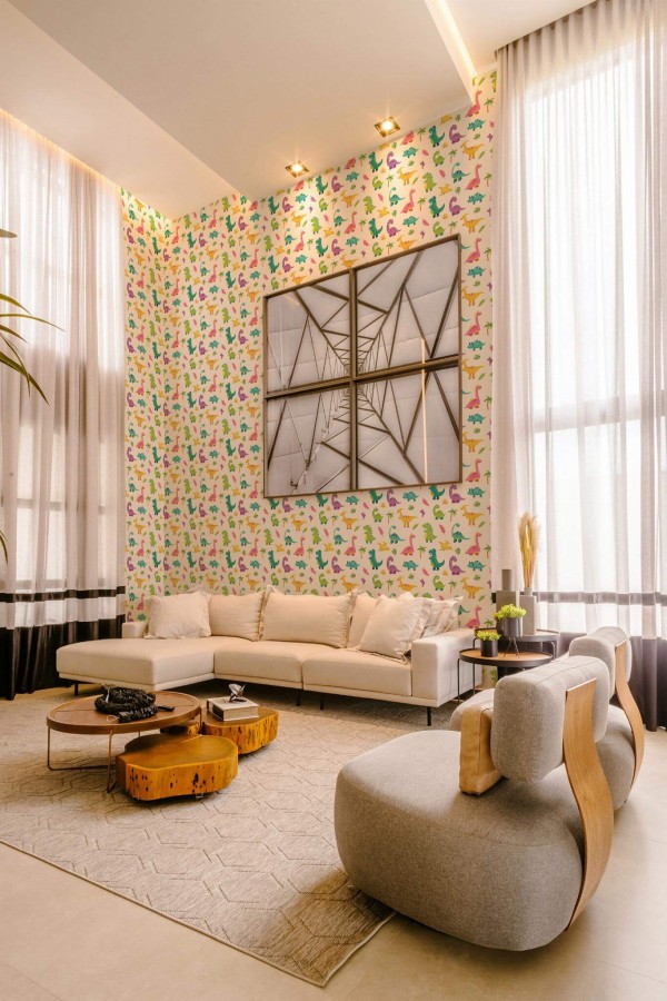 Contemporary style living room decorated with Dinos peel and stick wallpaper