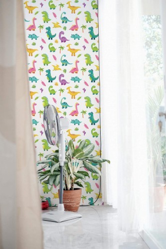Minimal style living room decorated with Dinos peel and stick wallpaper