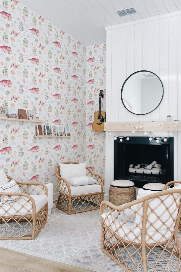 Minimal bohemian style living room decorated with Dinosaur nursery peel and stick wallpaper