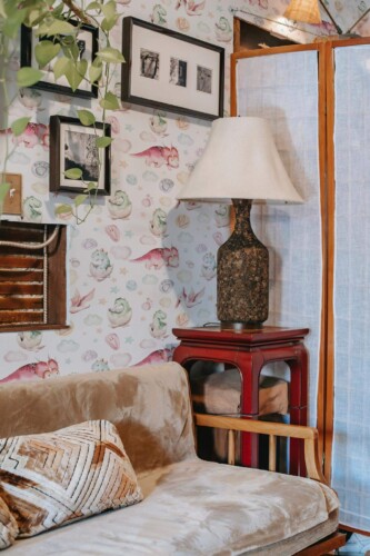 Southwestern style living room decorated with Dinosaur nursery peel and stick wallpaper