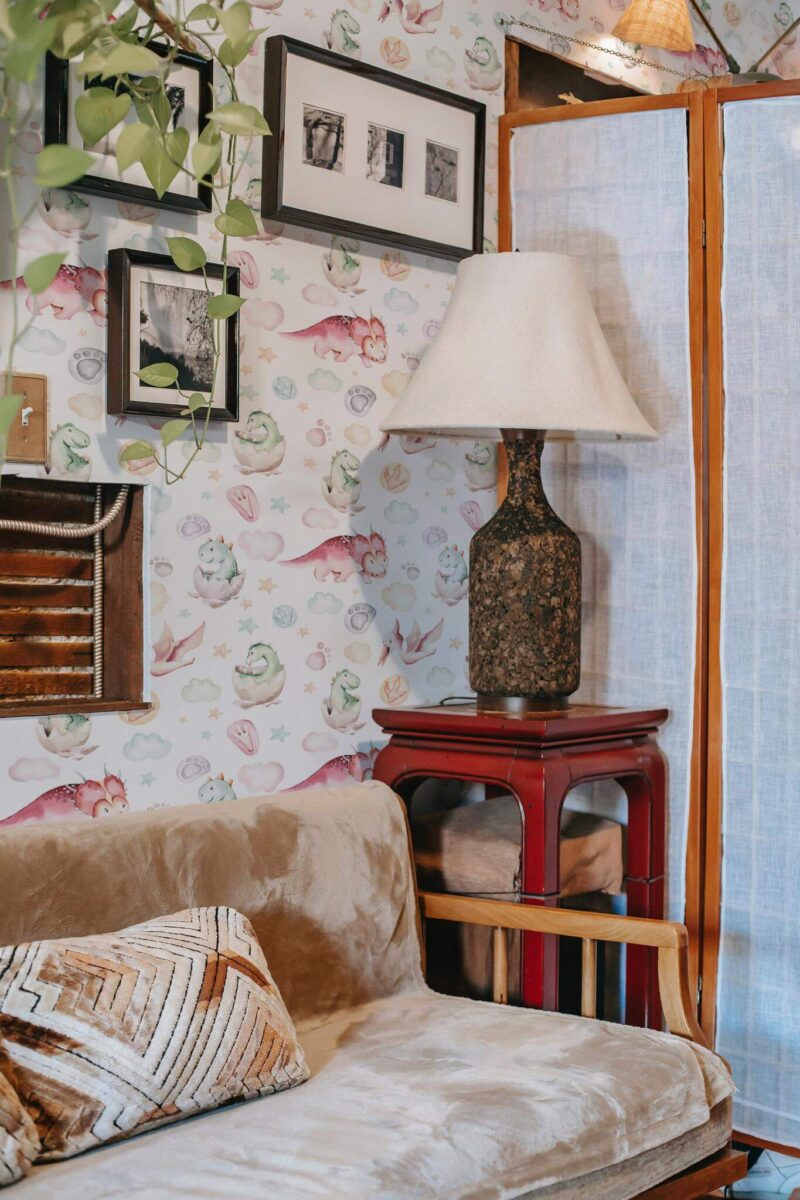 Southwestern style living room decorated with Dinosaur nursery peel and stick wallpaper