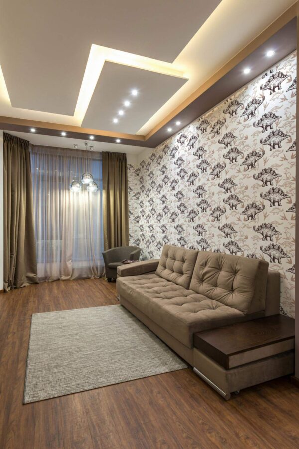 Modern Eastern European style living room decorated with Dinosaur peel and stick wallpaper