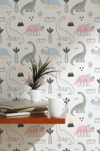 Minimalist dinosaur wallpaper featuring playful pastel hues and clean lines. The repeating pattern adds whimsical charm to a bright, modern nursery, blending nature-inspired design with contemporary style