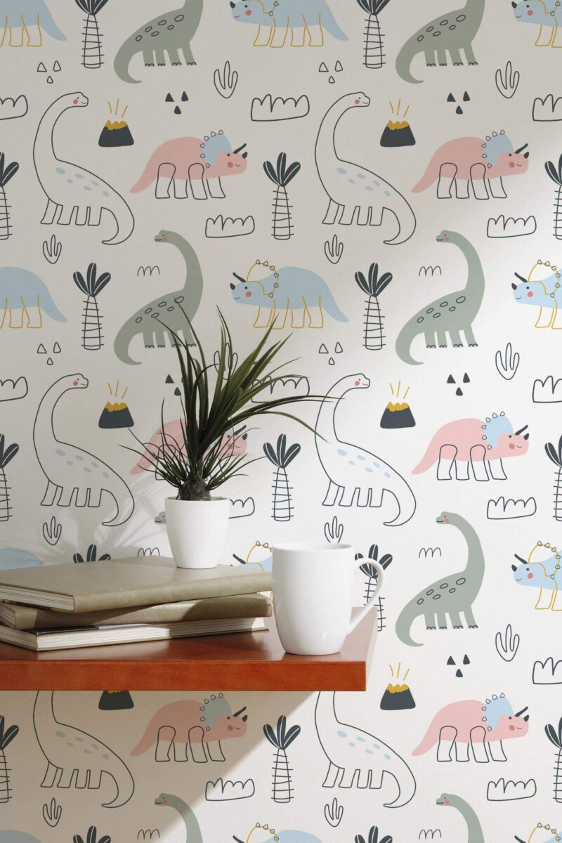 Minimalist dinosaur wallpaper featuring playful pastel hues and clean lines. The repeating pattern adds whimsical charm to a bright, modern nursery, blending nature-inspired design with contemporary style