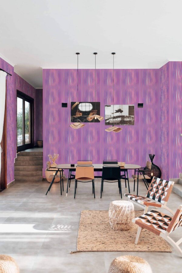 Modern boho style living dining room decorated with Distorted lines peel and stick wallpaper