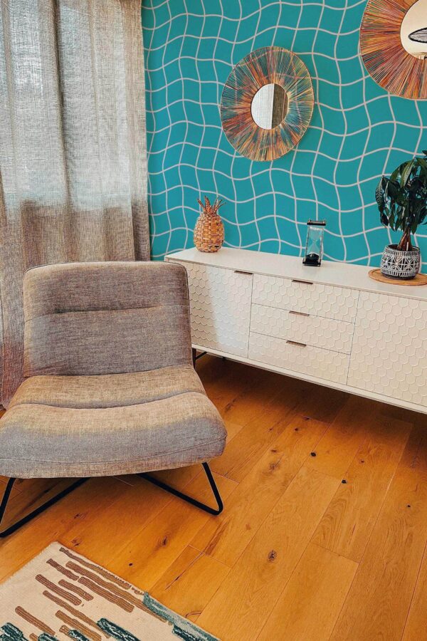 Modern style living room decorated with Distorted swimming pool peel and stick wallpaper