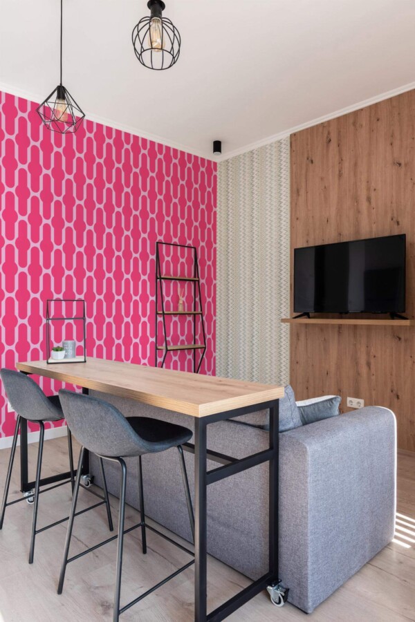 Scandinavian style open living room decorated with Doll Inspired Home peel and stick wallpaper