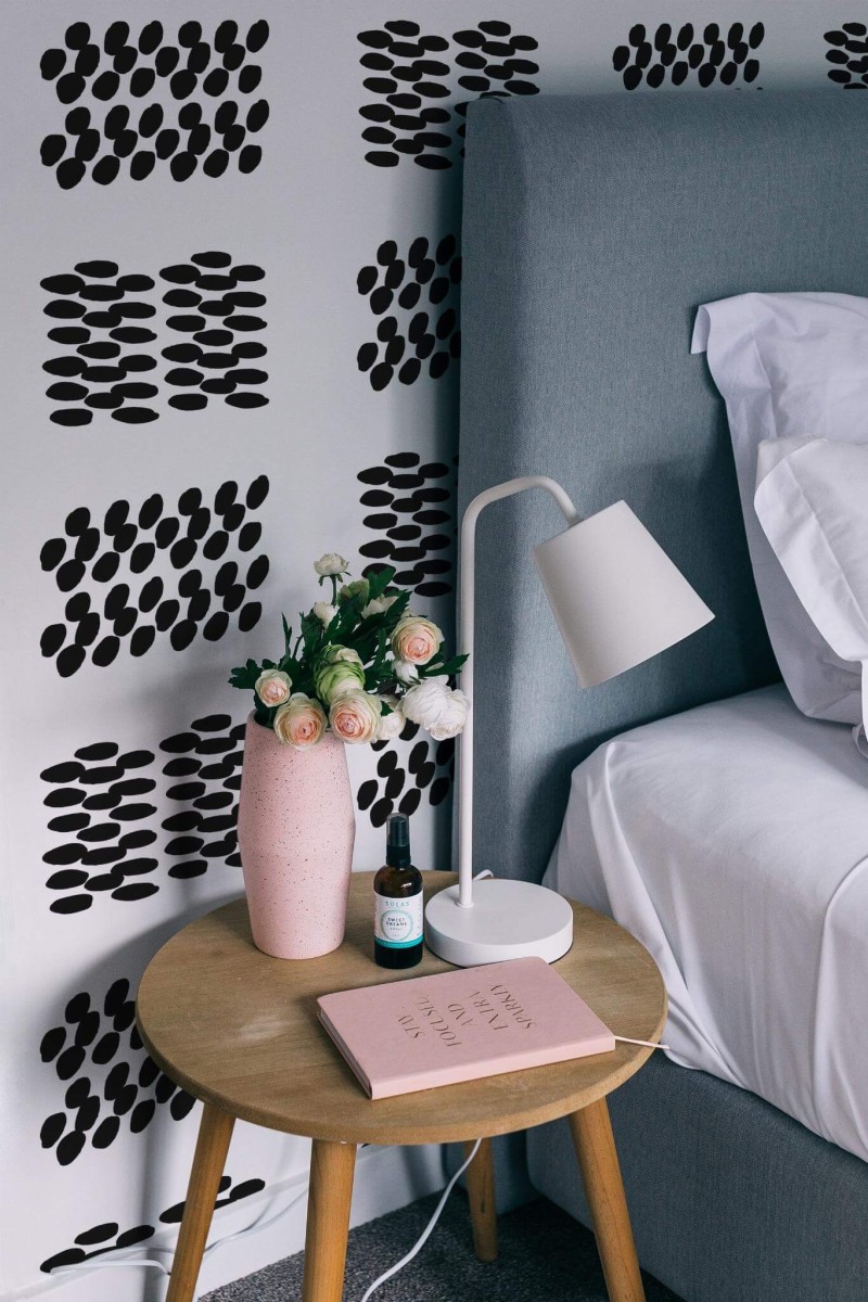 Rustic style bedroom decorated with Dotted square peel and stick wallpaper