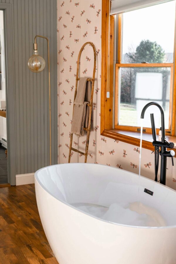 Mid-century modern style bathroom decorated with Dragonflies peel and stick wallpaper