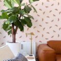 Mid-century style living room decorated with Dragonflies peel and stick wallpaper