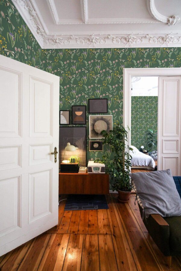 Mid-century modern luxury style living room and bedroom decorated with Dragonfly garden peel and stick wallpaper
