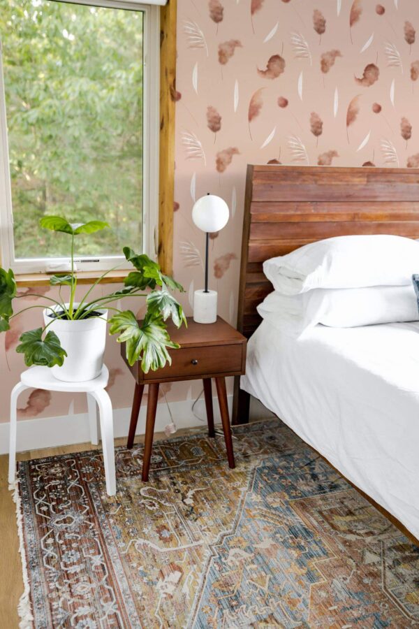 Rustic style bedroom decorated with Dreamy boho leaf peel and stick wallpaper