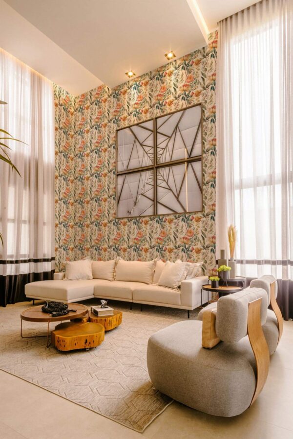 Contemporary style living room decorated with Dreamy botanical beauty salon peel and stick wallpaper