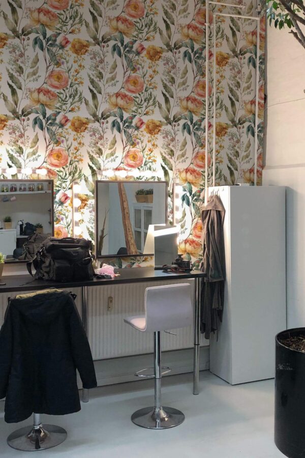 Minimal style beauty salon decorated with Dreamy botanical beauty salon peel and stick wallpaper