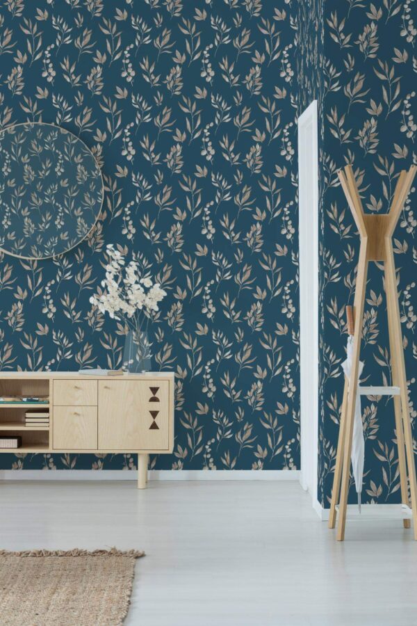 Minimal style entryway decorated with Dried leaf peel and stick wallpaper