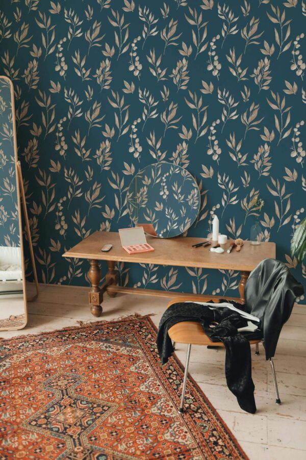 Rustic eclectic style powder room decorated with Dried leaf peel and stick wallpaper