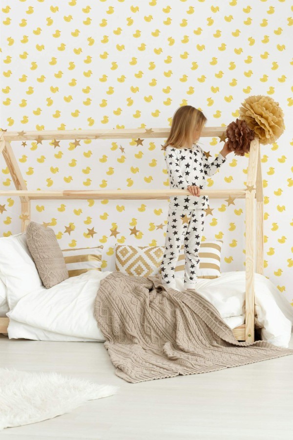 Bohemian style kids room decorated with Ducks peel and stick wallpaper