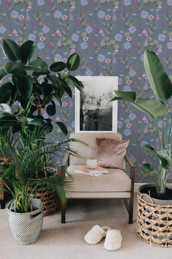 Modern boho style living room decorated with Dusty blue peonies peel and stick wallpaper