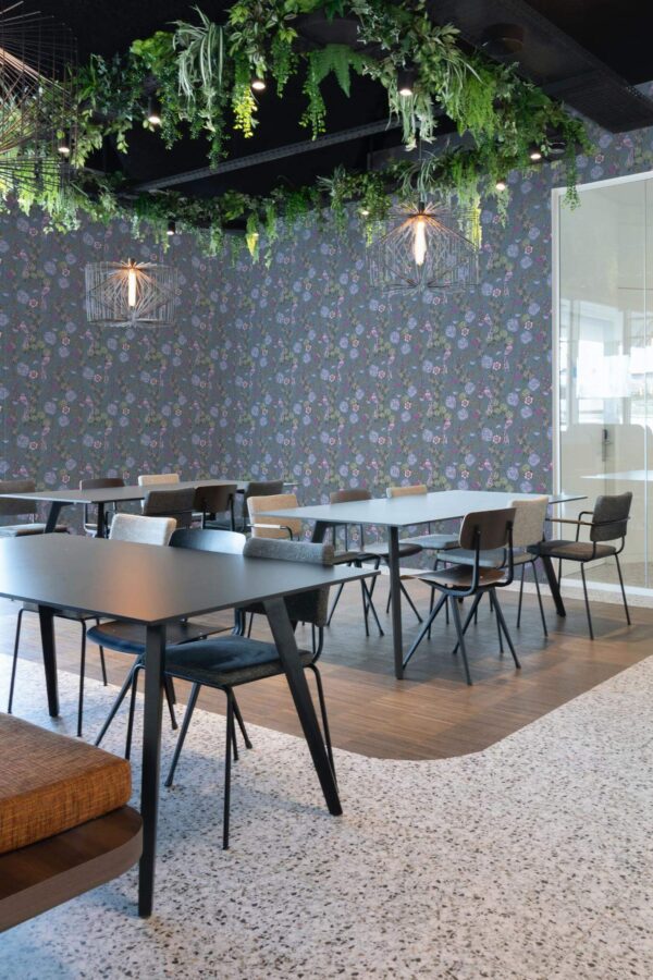Modern style cafe decorated with Dusty blue peonies peel and stick wallpaper