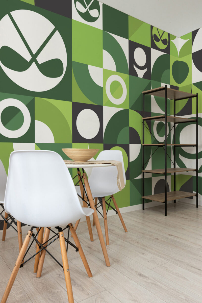 Green Abstract Golf Design Wall Mural with geometric golf-inspired elements in green and white, ideal for gyms, game rooms, or modern sporty interiors.