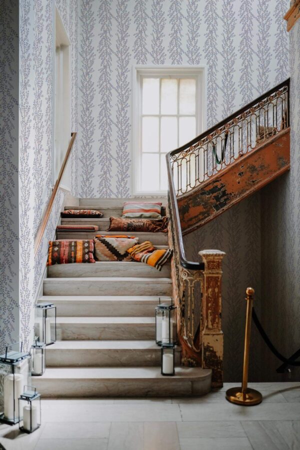 Victorian style hallway decorated with Easter branch peel and stick wallpaper