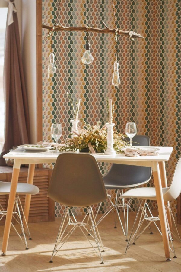 Modern boho style dining room decorated with Easter Eggs peel and stick wallpaper