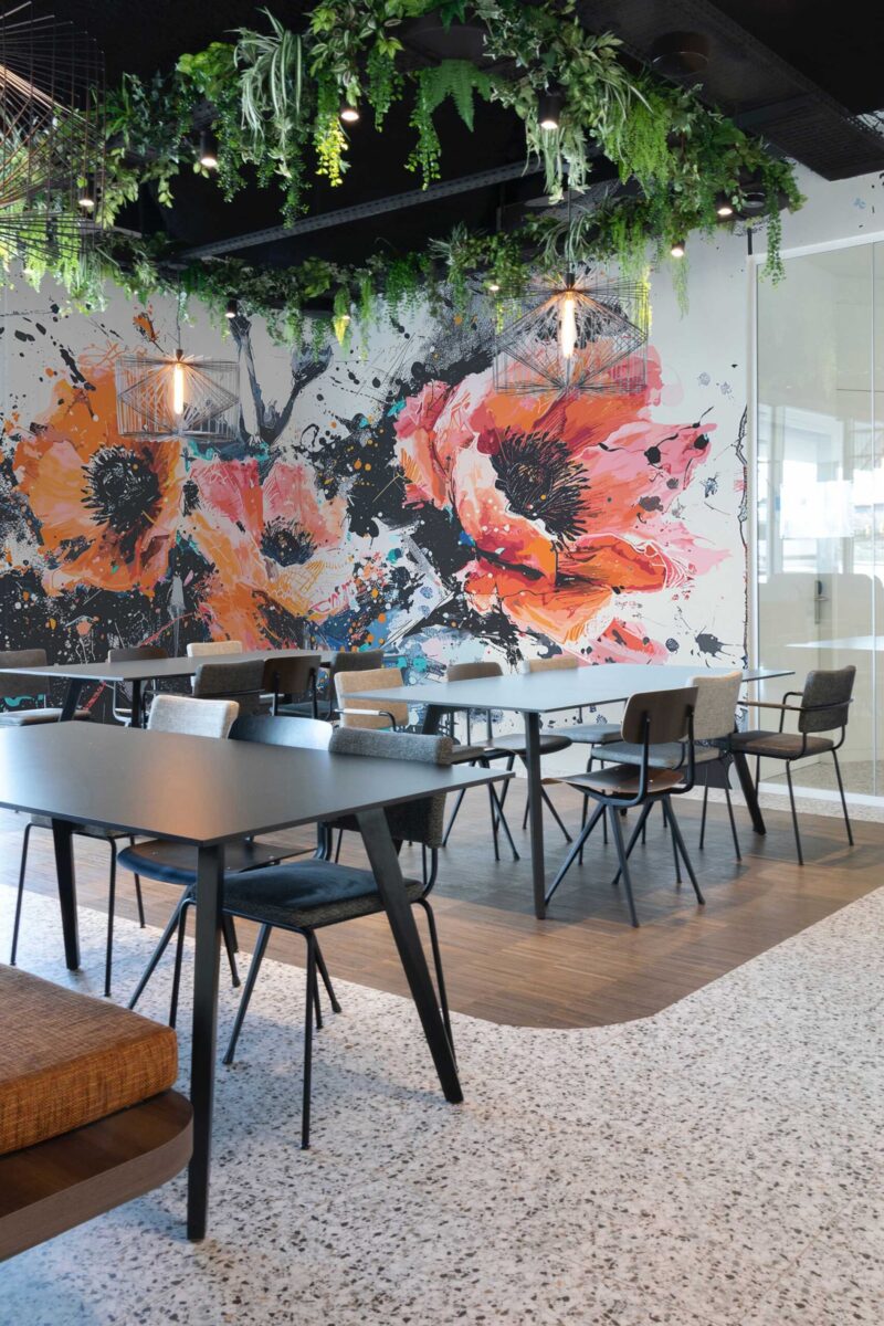 Graffiti Bloom Wall Mural with bold red and white graffiti-style flowers, ideal for accent walls, modern living areas, and eclectic interiors.