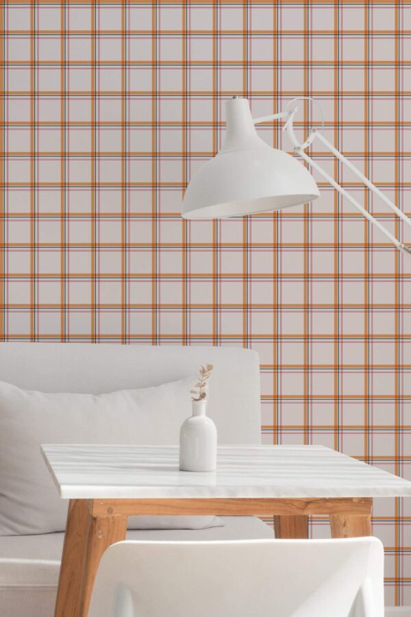 Minimal style dining room decorated with Eclectic plaid peel and stick wallpaper