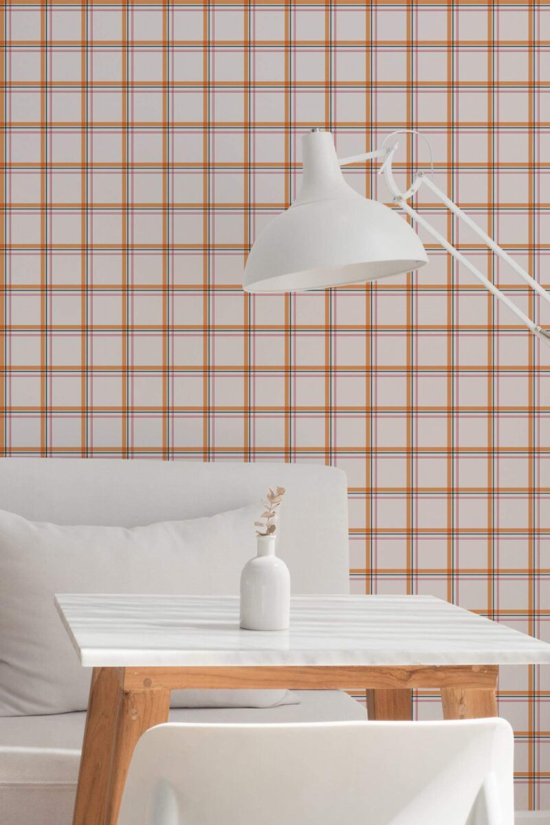 Minimal style dining room decorated with Eclectic plaid peel and stick wallpaper