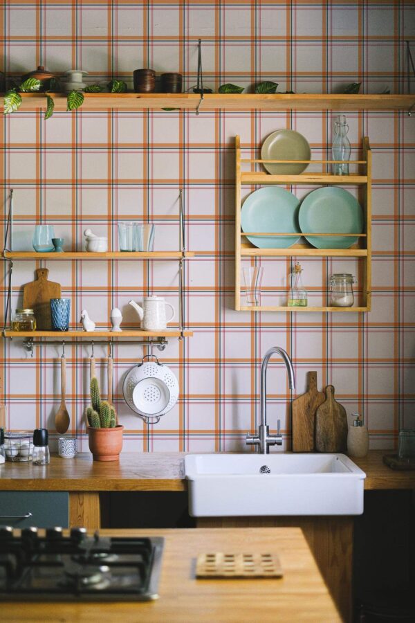 Rustic farmhouse style kitchen decorated with Eclectic plaid peel and stick wallpaper