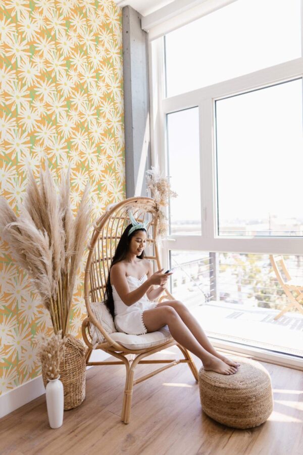 Boho style beauty salon decorated with Eclectic vintage beauty room peel and stick wallpaper