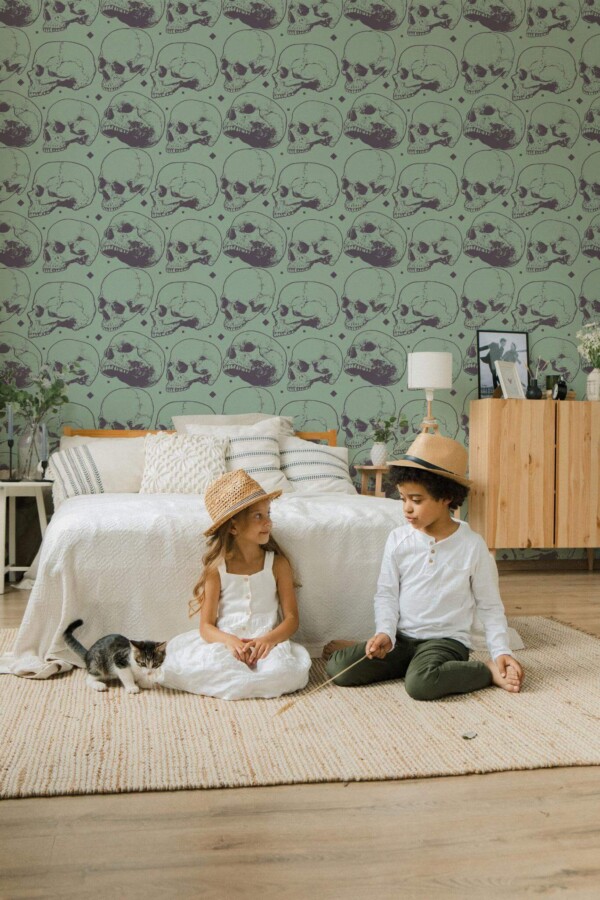 Scandinavian style bedroom decorated with Edgy skull peel and stick wallpaper