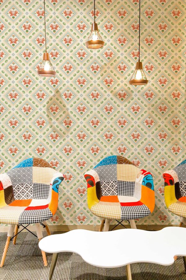 Elegant beige geometrical tropical self-adhesive wallpaper by Fancy Walls