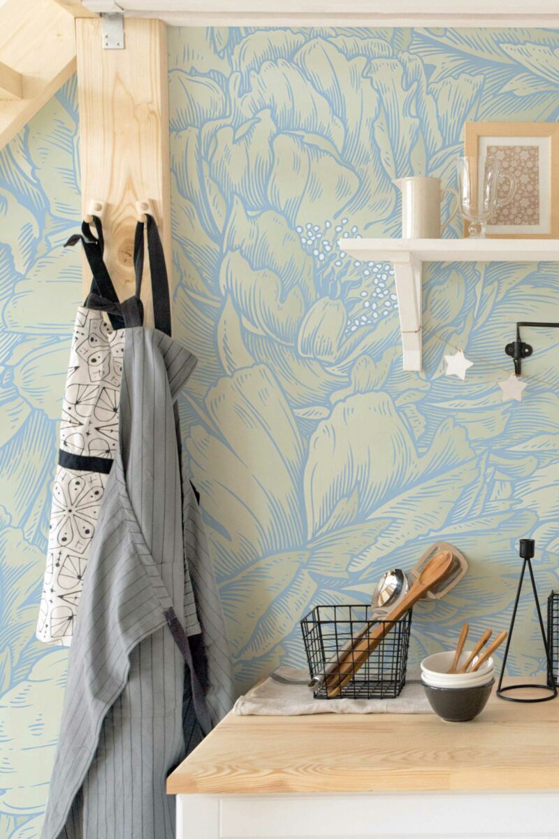 Blue Kitchen Wall Mural with overlapping beige florals outlined by bold blue strokes, perfect for kitchens, dining areas, or elegant accent walls.