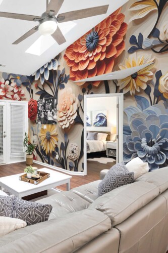Floral Depth 3D Effect Imitation Wall Mural with colorful bold flowers in a three-dimensional style, ideal for bedrooms, living rooms, or accent walls.