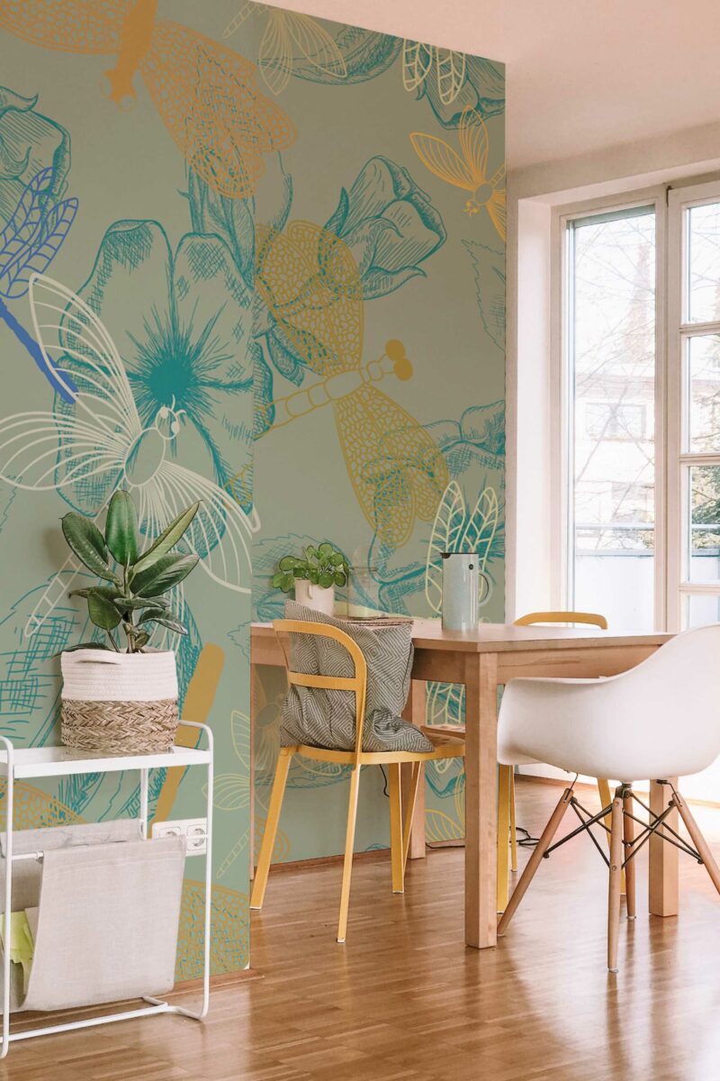 Elegant Dragonfly peel and stick or non-pasted wall mural. Eclectic floral accent wall mural with green background, butterflies, and dragonflies.