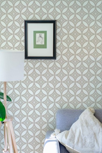 Eastern European style living room decorated with Elegant geometric circles peel and stick wallpaper