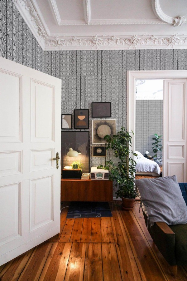 Mid-century modern luxury style living room and bedroom decorated with Elegant geometric peel and stick wallpaper