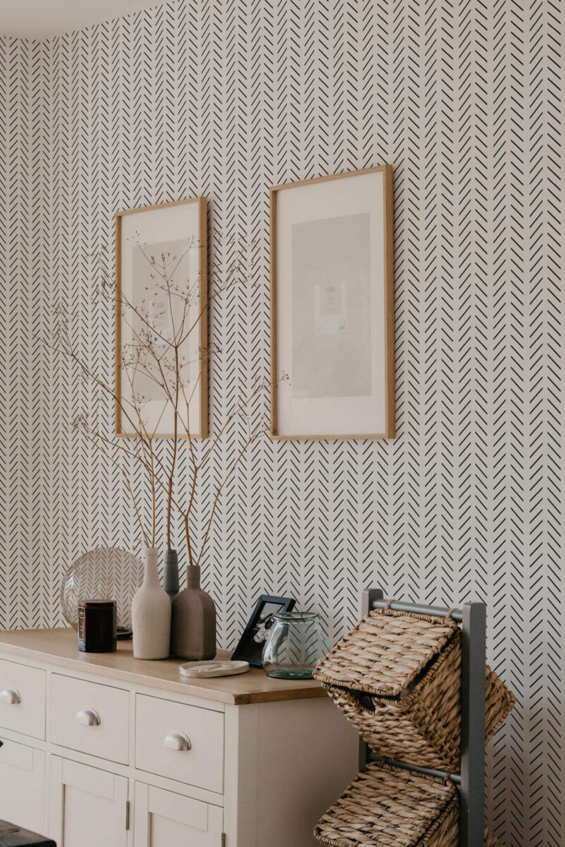 Scandinavian style bedroom decorated with Elegant herringbone peel and stick wallpaper