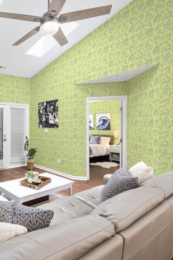 Coastal scandinavian style living room and bedroom decorated with Elegant lemon peel and stick wallpaper
