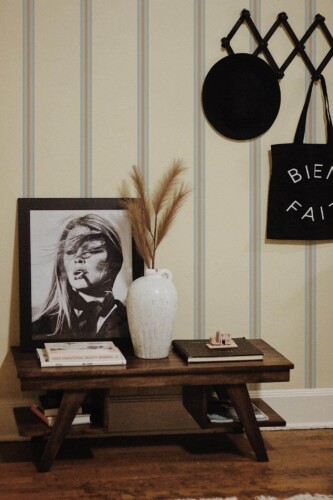 Rustic farmhouse style entryway decorated with Elegant stripes peel and stick wallpaper