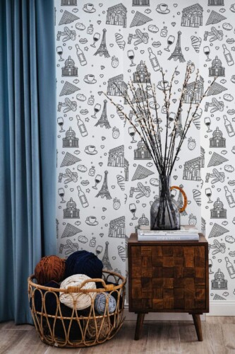 Coastal style living room decorated with Elements of Paris peel and stick wallpaper