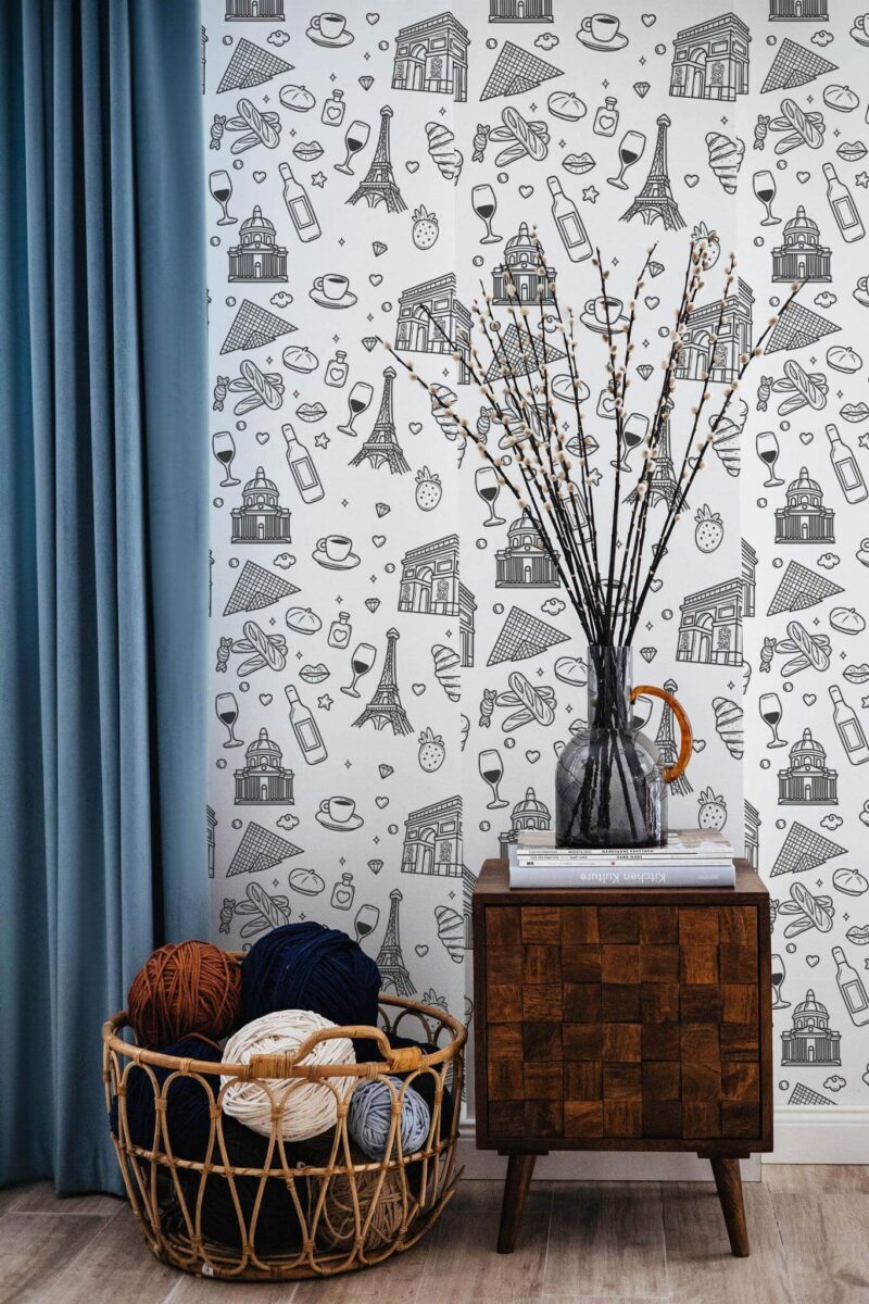 Coastal style living room decorated with Elements of Paris peel and stick wallpaper