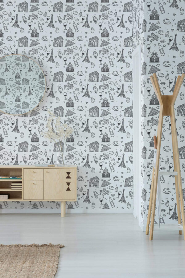 Minimal style entryway decorated with Elements of Paris peel and stick wallpaper