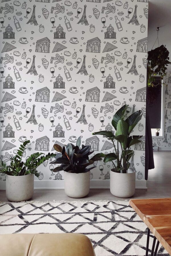 Scandinavian style living room decorated with Elements of Paris peel and stick wallpaper