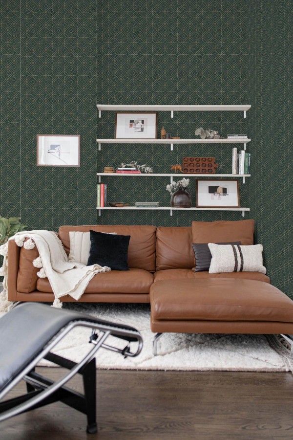 Mid-century modern style dining room decorated with Emerald green geometric peel and stick wallpaper