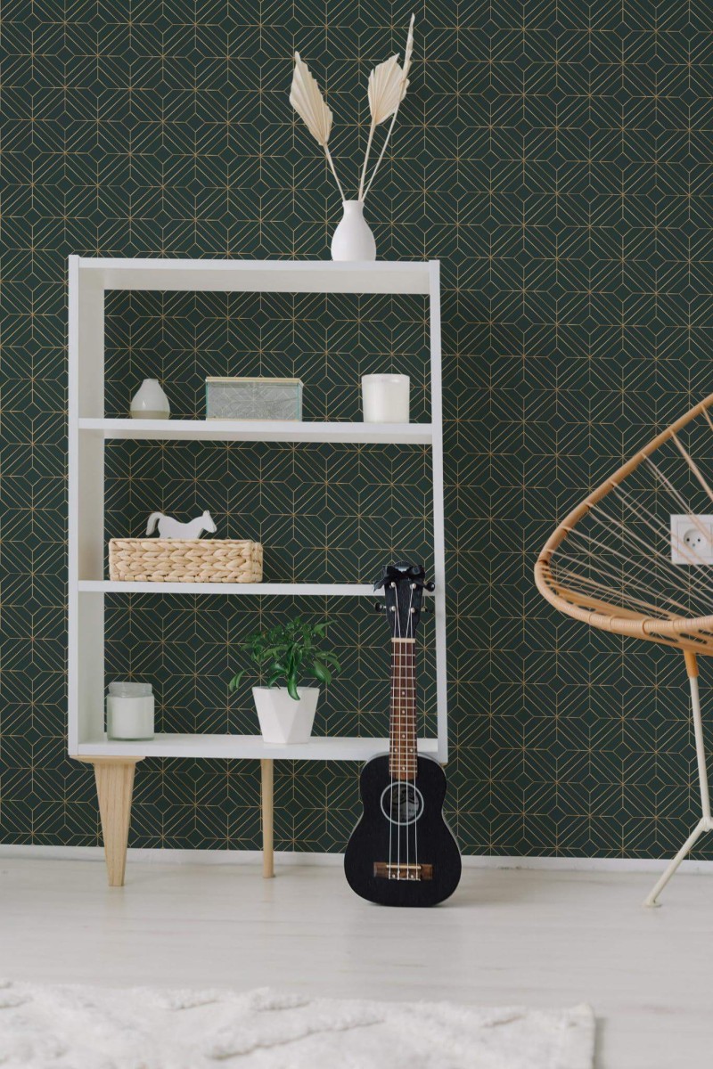 Minimal boho style living room decorated with Emerald green geometric peel and stick wallpaper