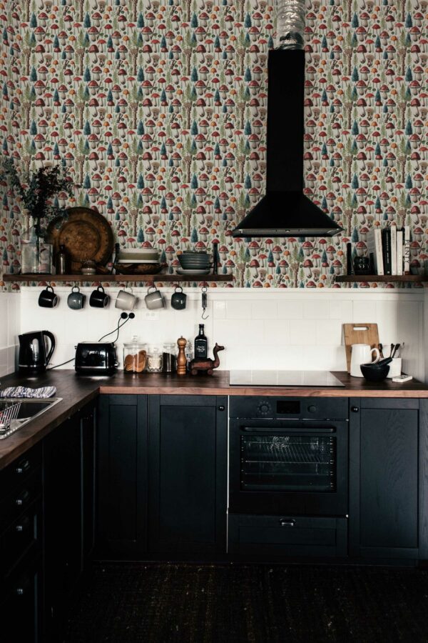 Unpasted wallpaper with mushrooms in the forest theme from Fancy Walls
