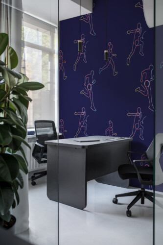 Peel and stick wall murals with line art runners on blue background by Fancy Walls